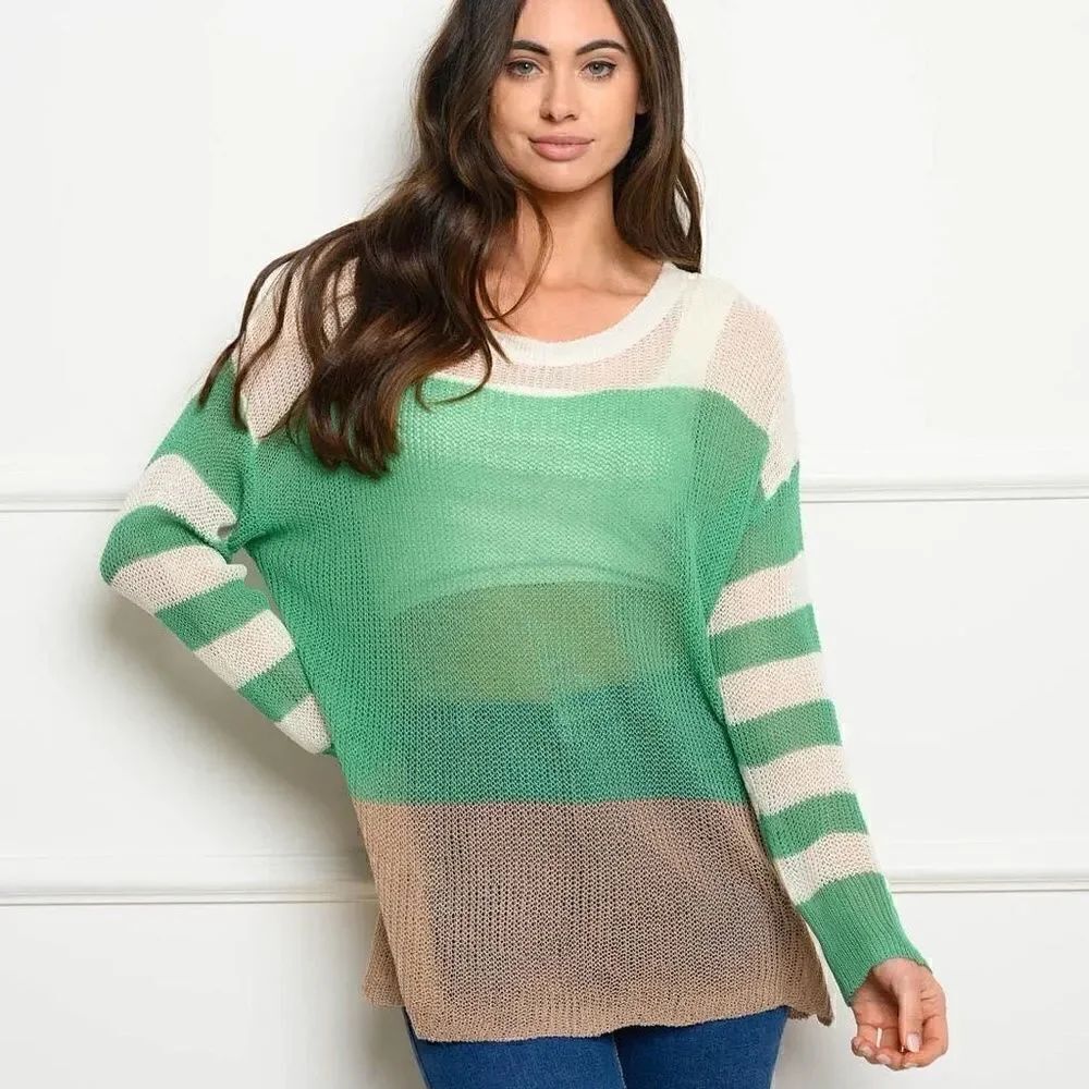 NEW! Semi Sheer Acrylic Long Sleeve Color Block Sweater Green Stripe Tunic Boho